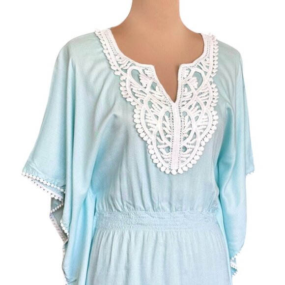 NWOT Chaudry KC Beach Cover-Up Sz. L Blue Butterfly Sleeve Embroidered Boho - Picture 2 of 13